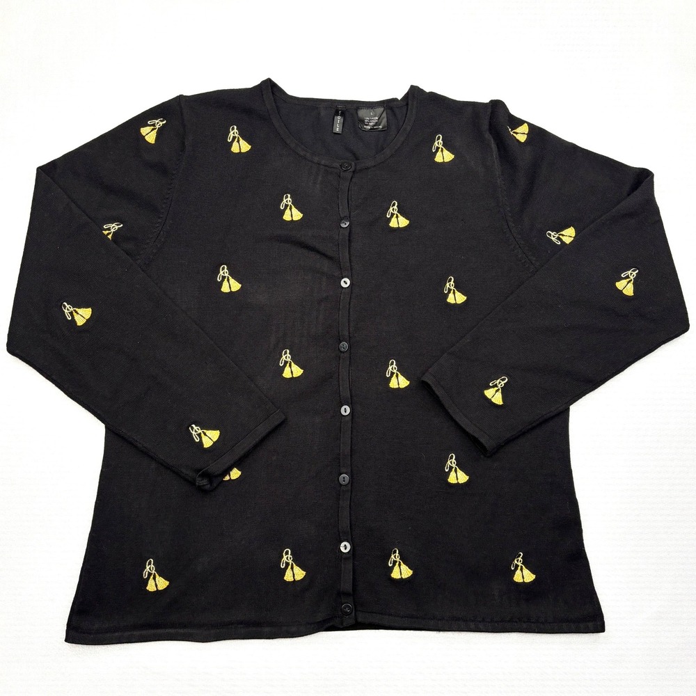 Vintage Etoile Cardigan Sweater Womens Large Black Gold Embroidered Tassels 90s